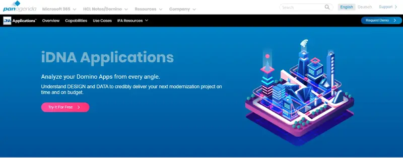 Panagenda iDNA Applications landing page highlighting tools to analyze and modernize HCL Domino applications.