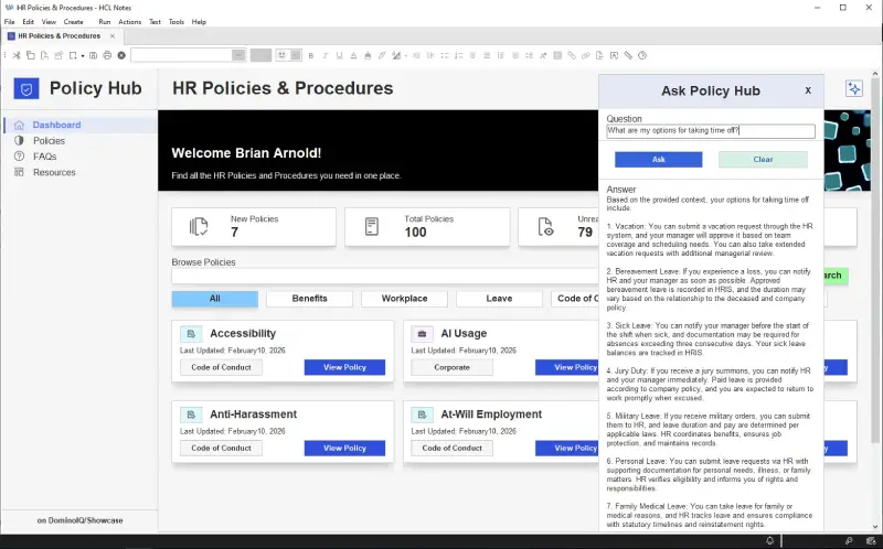 Modernized HCL Nomad interface displaying the HR Policy Hub dashboard with categories for corporate policies and compliance updates.