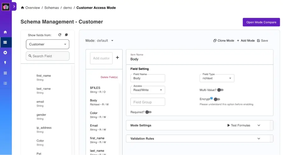 Interface for Schema Management showing a configuration panel to edit database field settings, such as Body (rich text), with options for access, encryption, and validation rules.