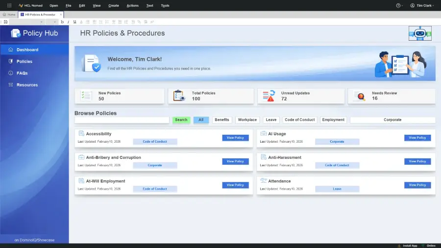 Digital dashboard for Policy Hub featuring a welcome banner for Tim Clark, policy statistics (100 total, 50 new), and a searchable grid of HR policies including Accessibility, AI Usage, and Anti-Harassment.