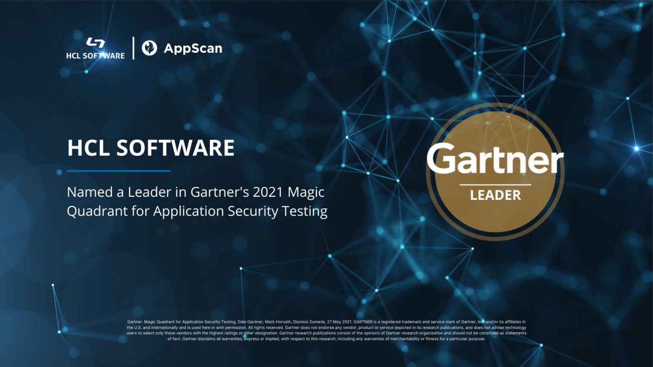 HCL AppScan Gartner Leader badge from 2021 Magic Quadrant for Application Security Testing certification graphic