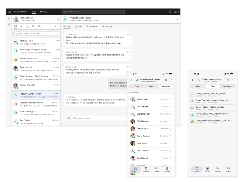 HCL Sametime interface across desktop and mobile devices for enterprise chat and team collaboration