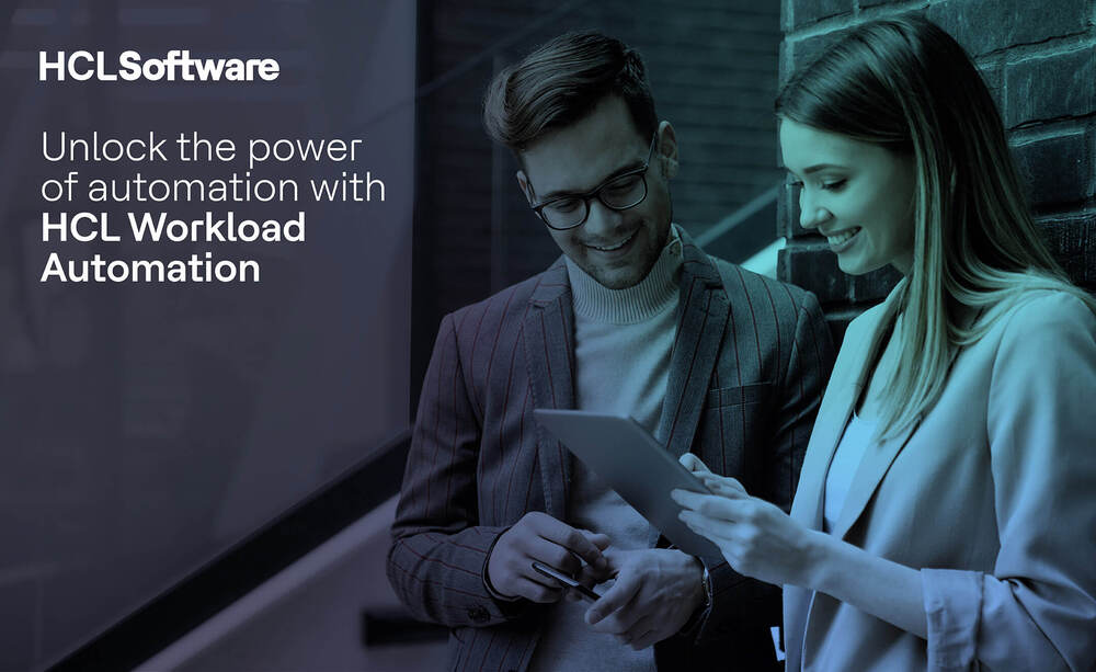 Business professionals collaborating on tablet device with HCL Workload Automation branded content and resources
