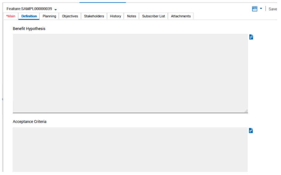 feature definition tab