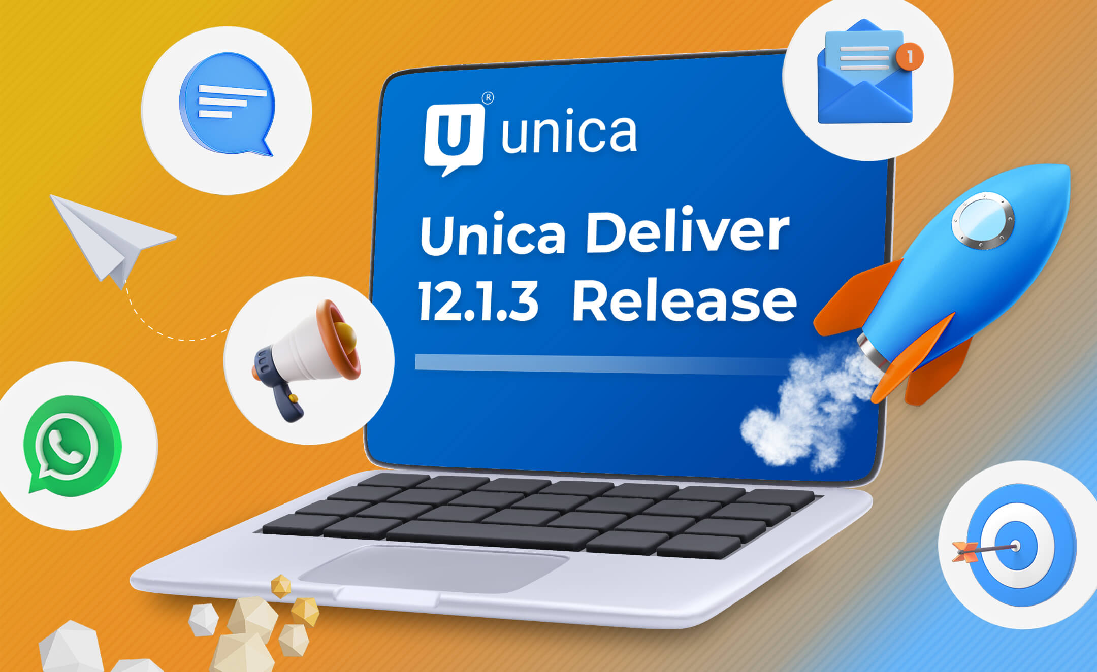 HCL Unica 12.1.3 Marketing Platform Spring Release - illustrated laptop with rocket and cloud graphics