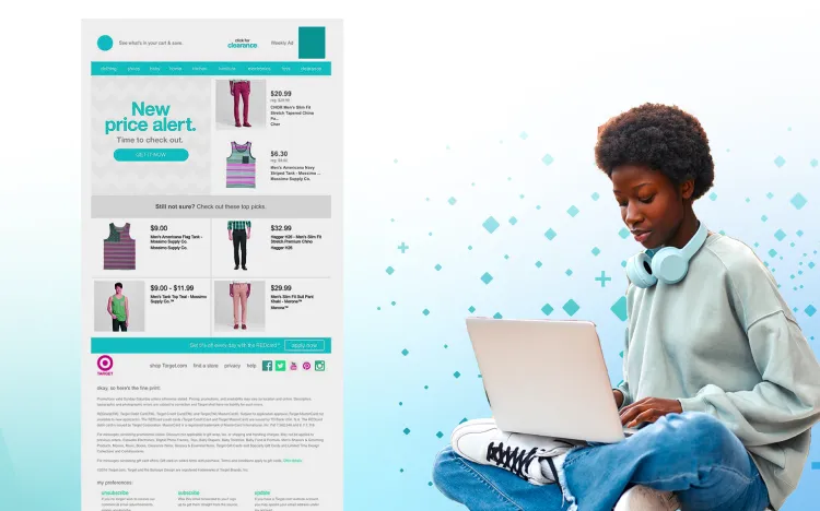 Target email with clothing deals and a price alert