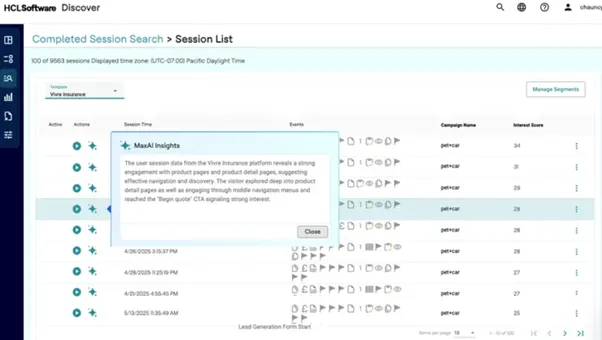 HCL Discover+ AI-generated session summary providing instant insight into user behavior.