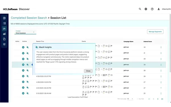 HCL Discover+ visualizing user digital journey signals like hesitations, rage clicks, and scroll depth.