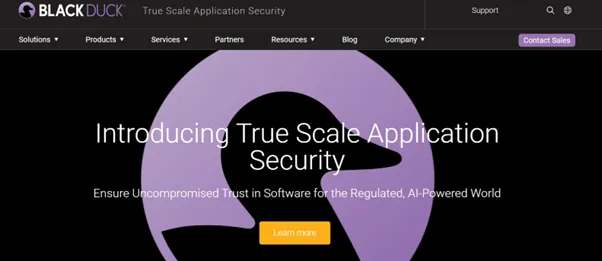 Screenshot of the Black Duck homepage introducing True Scale Application Security