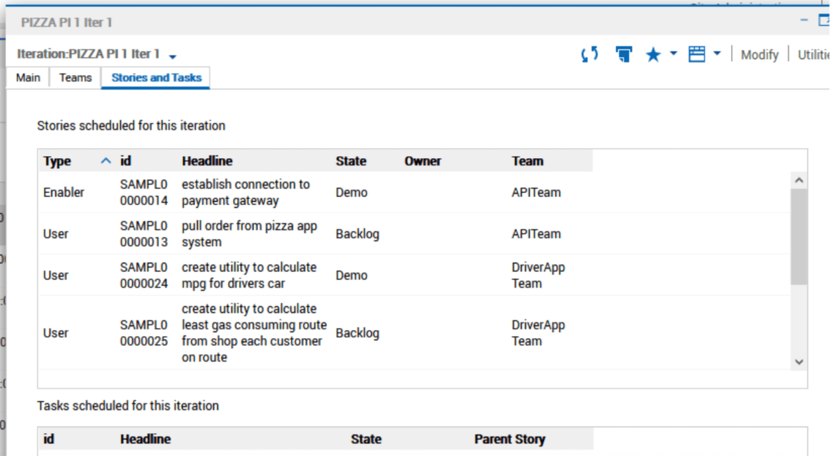 stories and tasks tab