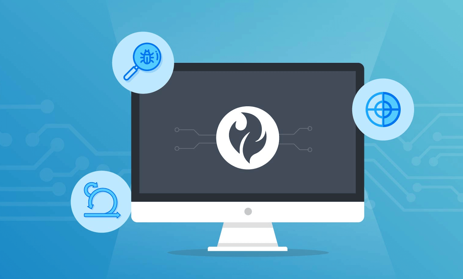 Desktop computer with circular icons representing bug detection, target targeting, and performance optimization for application security testing