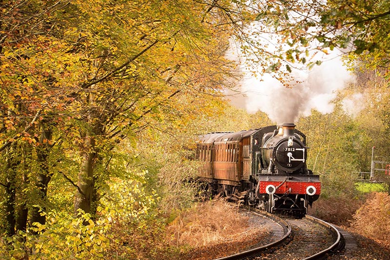 Vintage steam locomotive traveling through autumn forest landscape with curved railroad tracks, metaphor for continuous dynamic application security testing