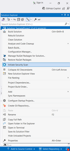 Open your project in Visual Studio. From the Solution Explorer, right-click your solution or project and select “Initiate Security Scan”.