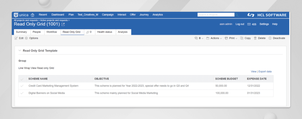 HCL Unica Plan’s TVC Read Only Grid