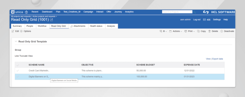 HCL Unica Plan’s TVC Read Only Grid