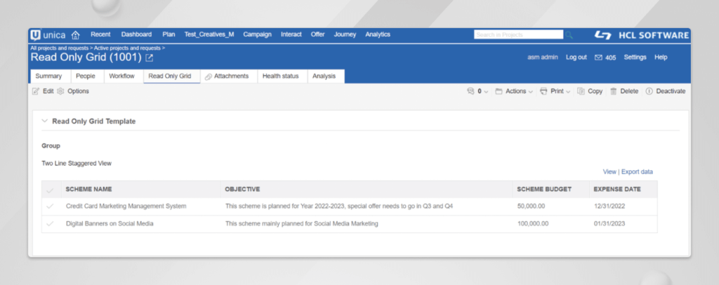 HCL Unica Plan’s TVC Read Only Grid