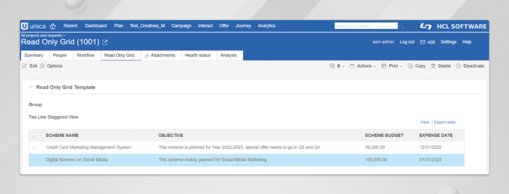 HCL Unica Plan’s TVC Read Only Grid