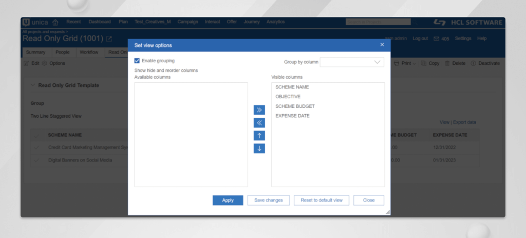 HCL Unica Plan’s TVC Read Only Grid