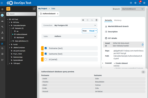 Database support for generating test data