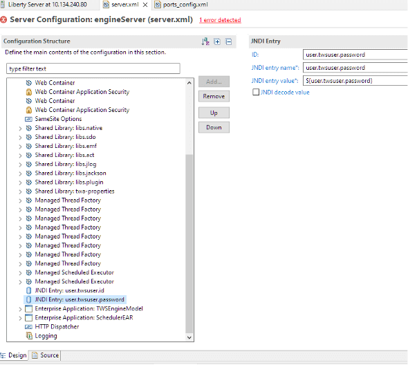 Liberty server.xml config file on Design tab