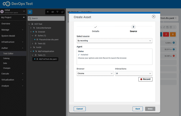 Recording a test by connecting to the application