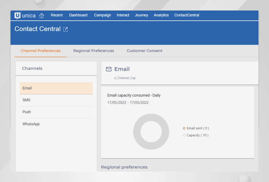 Managing preferences in Contact Central in Unica Campaign